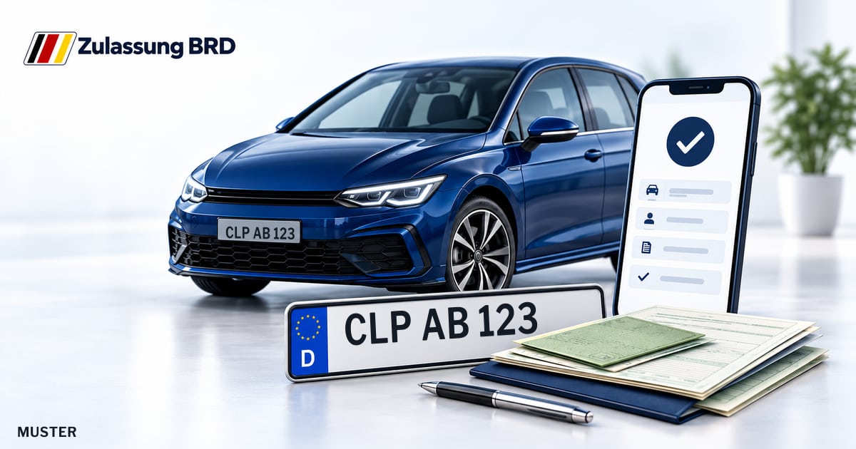 Online Fahrzeugzulassung in Garrel: Musterkennzeichen CLP AB 123, Auto und Fahrzeugpapiere und Smartphone. Illustration mit Logo von Zulassung BRD.